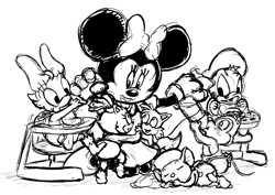 Size: 1248x883 | Tagged: safe, artist:artiecanvas, blaze the cat (sonic), clarice (disney), daisy duck (disney), donald duck (disney), miles "tails" prower (sonic), minnie mouse (disney), miss bianca (the rescuers), bird, canine, cat, chipmunk, duck, feline, fox, mammal, mouse, red fox, rodent, waterfowl, disney, mickey and friends, sega, sonic the hedgehog (series), the rescuers, 2d, age regression, baby, bow, crossover, diaper, dipstick tail, female, fluff, group, hair bow, male, monochrome, multiple tails, murine, orange tail, sleeping, tail, tail fluff, two tails, white tail, young, younger