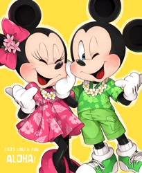 Size: 1500x1832 | Tagged: safe, artist:sh disney, mickey mouse (disney), minnie mouse (disney), mammal, mouse, rodent, anthro, disney, mickey and friends, 2d, black body, black fur, cute, duo, eyes closed, female, fur, looking at you, male, male/female, mickeyminnie (disney), one eye closed, open mouth, shipping, smiling, smiling at you, winking