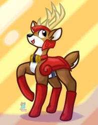 Size: 1395x1787 | Tagged: safe, artist:rainbow eevee, blackthorn (mlp), cervid, deer, mammal, friendship is magic, hasbro, idw, idw my little pony, my little pony, antlers, barrel, brown eyes, cute, digital art, fanart, guard, looking up, male, open mouth, pose, posing, raised leg, smiling, solo, solo male, striped background, watermark
