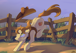 Size: 2400x1661 | Tagged: safe, artist:kamdrawings, braeburn (mlp), earth pony, equine, fictional species, mammal, pony, feral, friendship is magic, hasbro, my little pony, 2020, clothes, cowboy hat, fence, grass, hat, male, sky, solo, solo male