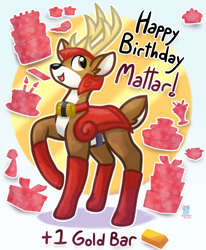 Size: 1575x1912 | Tagged: safe, artist:rainbow eevee, blackthorn (mlp), cervid, deer, mammal, friendship is magic, hasbro, idw, idw my little pony, my little pony, antlers, birthday, birthday gift, brown eyes, cute, gift art, gold, gold bar, guard, looking up, male, open mouth, party blower, present, shadow, silhouette, smiling, solo, solo male, text