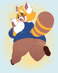 Size: 1908x2376 | Tagged: suggestive, artist:noeticchasm, retsuko (aggretsuko), mammal, red panda, anthro, aggretsuko, sanrio, 2021, abstract background, big tail, blushing, breasts, butt, embarrassed, female, hourglass figure, huge breasts, huge butt, looking at you, looking back, looking back at you, open mouth, rear view, running, shortstack, solo, solo female, tail, thick thighs, thighs