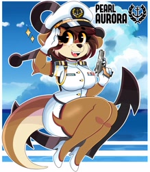 Size: 2800x3200 | Tagged: safe, artist:wirelessshiba, oc, oc only, oc:pearl aurora, mammal, mustelid, otter, anthro, plantigrade anthro, anchor, bottomwear, breasts, cap, clothes, female, gloves, gun, handgun, hat, high res, looking at you, navy, orange eyes, pistol, salute, shirt, skirt, smiling, solo, solo female, sparkles, topwear, uniform, weapon