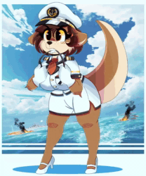 Size: 750x900 | Tagged: safe, artist:wirelessshiba, oc, oc only, oc:pearl aurora, mammal, mustelid, otter, anthro, plantigrade anthro, 2d, 2d animation, aircraft, airplane, angry, animated, bottomwear, breath, cap, clothes, ears down, female, fire, gloves, hat, navy, orange eyes, riding crop, ship, shirt, skirt, solo, solo female, topwear, uniform, vehicle, webm