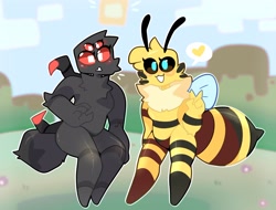 Size: 2048x1557 | Tagged: safe, artist:zestylemonss, oc, oc x oc, arachnid, arthropod, bee, insect, spider, anthro, minecraft, antennae, black body, blue eyes, breasts, chest fluff, cute, eyelashes, featureless breasts, featureless crotch, female, female/female, females only, fluff, full body, heart, neck fluff, red eyes, shipping, standing, thick thighs, thighs, wide hips, yellow body