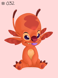 Size: 750x1000 | Tagged: safe, artist:psychedelic-lemur, fibber (lilo & stitch), alien, experiment (lilo & stitch), fictional species, series:psychedelic-lemur's experiment project, disney, lilo & stitch, 2021, 3 toes, 4 ears, antennae, colored tongue, dipstick antennae, ears, forehead marking, male, multiple ears, orange body, purple eyes, purple tongue, red nose, simple background, sitting, solo, solo male, toe claws, tongue, tongue out, torn ear