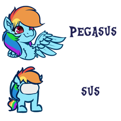 Size: 4000x4000 | Tagged: safe, artist:witchtaunter, impostor (among us), rainbow dash (mlp), equine, fictional species, mammal, pegasus, pony, feral, semi-anthro, among us (game), friendship is magic, hasbro, my little pony, :3, absurd resolution, chest fluff, crossover, cute, ear fluff, feathered wings, feathers, female, fluff, mare, meme, pun, shoulder fluff, simple background, smiling, solo, solo female, spread wings, sus (meme), suspicious, white background, wing fluff, wings