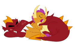 Size: 929x567 | Tagged: safe, artist:queencold, garble (mlp), smolder (mlp), dragon, fictional species, western dragon, semi-anthro, friendship is magic, hasbro, my little pony, brother, brother and sister, dragoness, duo, eyes closed, female, freckles, horns, male, open mouth, saliva, sharp teeth, siblings, simple background, sister, sleeping, tail, teenager, teeth, transparent background, wings