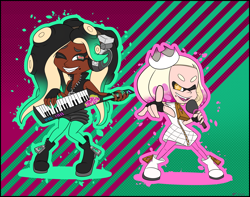 Size: 3808x3008 | Tagged: safe, artist:cogmoses, marina (splatoon), pearl (splatoon), animal humanoid, fictional species, inkling, mammal, mollusk, octoling, octopus, squid, humanoid, nintendo, splatoon, abstract background, clothes, duo, duo female, female, females only, high res, holding object, keytar, looking at you, microphone, mole (marking), musical instrument, one eye closed, open mouth, pointing at you, smiling, teeth, tentacle hair, tentacles, winking
