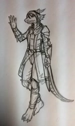 Size: 770x1280 | Tagged: safe, artist:sealer4258, oc, oc only, oc:llyana therasll (sealer4258), dragon, fictional species, anthro, digitigrade anthro, armor, bottomwear, clothes, coat, female, gloves, pants, sketch, solo, solo female, topwear, traditional art, tunic