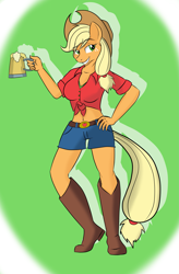Size: 1985x3021 | Tagged: safe, artist:kasun05, applejack (mlp), anthro, plantigrade anthro, friendship is magic, hasbro, my little pony, anthrofied, cider, clothes, female, front knot midriff, midriff, shirt, solo, solo female, topwear