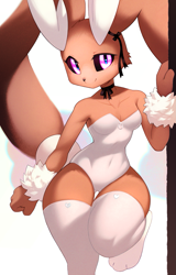 Size: 1151x1800 | Tagged: safe, artist:ancesra, fictional species, lopunny, mammal, anthro, nintendo, pokémon, 2021, black nose, black sclera, breasts, brown body, brown fur, bunny suit, clothes, colored sclera, eyelashes, female, front view, fur, legwear, leotard, long ears, looking at you, multicolored fur, pink eyes, ribbon, short tail, small waist, smiling, smiling at you, solo, solo female, tail, thick thighs, thigh gap, thigh highs, thighs, two toned body, two toned fur, white body, white fur