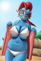 Size: 860x1280 | Tagged: suggestive, artist:creatiffy, undyne (undertale), fictional species, monster, undertale, 2021, beach, belly button, big breasts, bikini, breasts, clothes, digital art, eyepatch, eyes closed, female, sharp teeth, sky, slightly chubby, smiling, solo, solo female, swimsuit, teeth, thighs, towel, white bikini, white swimsuit, wide hips
