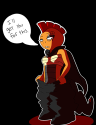 Size: 985x1280 | Tagged: safe, artist:munks, fictional species, scrafty, anthro, nintendo, pokémon, bottomwear, cape, clothes, dialogue, female, looking at you, pants, scar, solo, solo female, talking, unamused