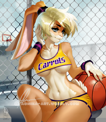 Size: 692x800 | Tagged: safe, artist:aomori, lola bunny (looney tunes), lagomorph, mammal, rabbit, anthro, looney tunes, warner brothers, 2017, ball, basketball, belly button, bench, blonde hair, blue eyes, bottomwear, breasts, brown body, brown fur, clothes, cream body, cream fur, crop top, detailed background, eyebrows, eyelashes, female, fluff, fur, hair, hand on cheek, long hair, looking at you, midriff, outdoors, scut tail, short hair, short tail, shorts, shoulder fluff, sitting, solo, solo female, sports shorts, tail, tank top, text, text on clothing, topwear, underboob, wristband