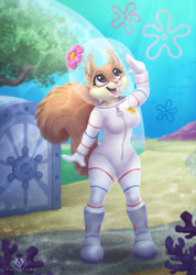 Size: 712x1000 | Tagged: safe, artist:dolphiana, sandy cheeks (spongebob), mammal, rodent, squirrel, anthro, nickelodeon, spongebob squarepants (series), boots, breasts, brown body, brown eyes, brown fur, cheek fluff, clothes, coral, diving suit, door, ear fluff, female, flower, flower on head, fluff, fur, gloves, helmet, ocean, open mouth, open smile, pink nose, sand, scuba, shoes, signature, smiling, solo, solo female, standing, tail, tail fluff, tree, underwater, water, wide hips