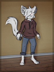 Size: 2069x2764 | Tagged: safe, artist:fironmaplez, oc, oc only, canine, fox, mammal, anthro, digitigrade anthro, bottomwear, cell phone, clothes, hair, hair over one eye, high res, hoodie, looking at you, male, pants, phone, red eyes, solo, solo male, topwear