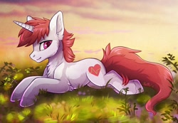 Size: 1280x886 | Tagged: safe, artist:ketty, oc, oc only, equine, fictional species, mammal, pony, unicorn, feral, chest fluff, fluff, looking at you, lying down, male, smiling, solo, solo male
