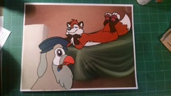 Size: 1280x720 | Tagged: safe, artist:mahrkale, chicken boo (animaniacs), bird, canine, chicken, fox, galliform, mammal, red fox, feral, animaniacs, warner brothers, animation cel, duo, irl, paint, paintbrush, paw pads, paws, photo, photographed artwork, rooster