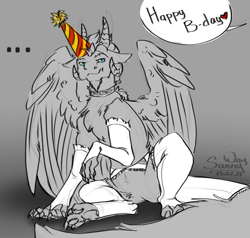 Size: 1051x1000 | Tagged: safe, artist:sunny way, oc, dragon, fictional species, western dragon, feral, artwork, beans, birthday, birthday hat, clothes, cute, digital art, feathers, fluff, funny, gift, horns, lingerie, male, patreon reward, paws, sketch, solo, solo male, underwear, wings