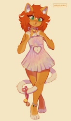 Size: 1551x2643 | Tagged: safe, artist:waspsalad, oc, oc only, oc:hashbrown, cat, feline, mammal, anthro, 2d, anklet, bell, bell collar, belly button, bow, chest fluff, choker, clothes, collar, crossdressing, cute, dress, ears, fangs, femboy, fluff, fur, green eyes, hair, male, orange body, orange fur, paws, red hair, sharp teeth, simple background, solo, solo male, tail, teeth, trap