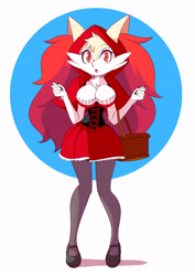 Size: 4961x7016 | Tagged: suggestive, artist:lucyfercomic, little red riding hood (lrrh), oc, oc only, oc:bray (lucyfercomic), braixen, fictional species, mammal, anthro, little red riding hood, nintendo, pokémon, 2019, absurd resolution, big breasts, breasts, clothes, female, open mouth, solo, solo female, starter pokémon, tongue