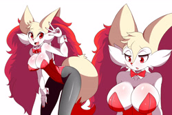 Size: 4251x2834 | Tagged: suggestive, artist:lucyfercomic, oc, oc only, oc:bray (lucyfercomic), braixen, fictional species, mammal, anthro, nintendo, pokémon, 2019, absolute cleavage, big breasts, breasts, bunny suit, cleavage, clothes, female, legwear, leotard, looking at you, nipple outline, open mouth, open smile, smiling, smiling at you, solo, solo female, starter pokémon, thigh highs, tongue