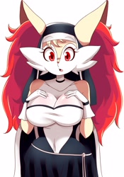 Size: 3010x4296 | Tagged: suggestive, artist:lucyfercomic, oc, oc only, oc:bray (lucyfercomic), braixen, fictional species, mammal, anthro, nintendo, pokémon, 2019, big breasts, breasts, clothes, female, hand on breast, looking at you, nun, open mouth, solo, solo female, starter pokémon, tongue