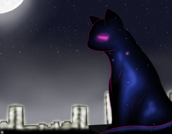 Size: 2700x2100 | Tagged: safe, artist:drawalaverr, oc, oc only, oc:nyantastarhunt, cat, feline, mammal, feral, cc by-nc, creative commons, city, colored outline, commission, high res, male, moon, moonlight, nebula, night, pink eyes, pink outline, solo, solo male, stars