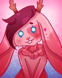 Size: 1589x2010 | Tagged: safe, artist:postcretaceous, oc, oc only, fictional species, jackalope, lagomorph, mammal, rabbit, anthro, abstract background, adoracreepy, ambiguous gender, antlers, creepy, cute, heart, looking at you, ocbetes, solo, solo ambiguous, teeth