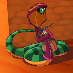 Size: 1407x1390 | Tagged: safe, artist:cogmoses, oc, oc only, fictional species, reptile, snake, anthro, naga, series:atomic series, bag, clothes, female, forked tongue, hassium, jacket, periodic table, sling bag, snake tail, snake tongue, solo, solo female, tail, tongue, tongue out, topwear