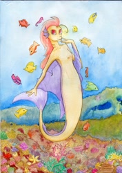 Size: 6567x9270 | Tagged: safe, artist:particleartist, fish, seahorse, anthro, feral, absurd resolution, ambient wildlife, coral, coral reef, ear fins, ears, female, fins, fish tail, solo, solo female, tail, traditional art, underwater, water