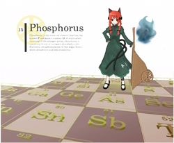 Size: 1280x1054 | Tagged: safe, artist:tei, rin kaenbyou (touhou), animal humanoid, cat, feline, fictional species, mammal, humanoid, touhou, clothes, dress, eared humanoid, english text, female, periodic table, phosphorus, simple background, solo, solo female, text, white background