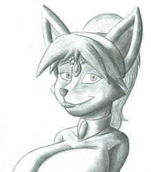 Size: 673x769 | Tagged: safe, artist:creatiffy, krystal (star fox), canine, fox, mammal, anthro, nintendo, star fox, big breasts, black nose, breasts, ears, female, fur, hair, huge breasts, looking at you, monochrome, simple background, solo, solo female, traditional art, vixen