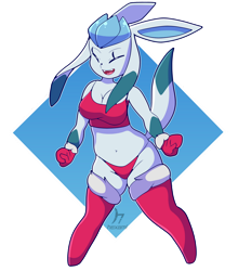 Size: 1024x1161 | Tagged: safe, artist:hexamithefreak, eeveelution, fictional species, glaceon, mammal, anthro, nintendo, pokémon, 2018, belly button, breasts, christmas, clothes, digital art, ears, eyes closed, female, fur, holiday, legwear, open mouth, panties, solo, solo female, stockings, tail, tank top, thighs, topwear, underwear, wide hips