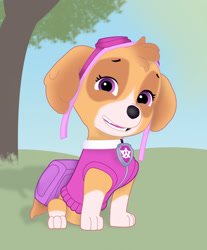 Size: 1062x1280 | Tagged: safe, artist:darkbunny666, skye (paw patrol), canine, cockapoo, dog, mammal, nickelodeon, paw patrol, 2021, bag, black nose, clothes, collar, commission, digital art, ears, female, fur, goggles, looking at you, open mouth, paws, sharp teeth, solo, solo female, tail, teeth, tongue, topwear, vest