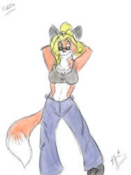Size: 600x800 | Tagged: safe, artist:emerson, oc, oc:kerra, canine, fox, mammal, red fox, 2005, belly button, black paws, bra, breasts, clothes, female, fur, glasses, hair, jeans, nipple outline, orange body, orange fur, pants, round glasses, simple background, solo, solo female, standing, underwear, vulpes, white background, yellow hair