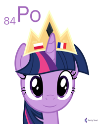 Size: 4000x5000 | Tagged: safe, artist:parclytaxel, twilight sparkle (mlp), alicorn, equine, fictional species, mammal, pony, feral, series:joycall6's periodic table, friendship is magic, hasbro, my little pony, .svg available, absurd resolution, bust, chemistry, crown, female, flag, france, headshot, horn, jewelry, looking at you, mare, on model, periodic table, pitchblende, poland, polonium, portrait, regalia, simple background, smiling, solo, solo female, vector, white background