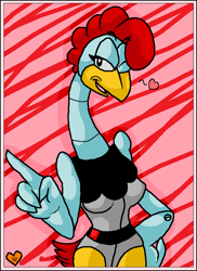 Size: 580x797 | Tagged: artist needed, suggestive, scratch (sonic), badnik, bird, chicken, fictional species, galliform, robot, anthro, adventures of sonic the hedgehog, sega, sonic the hedgehog (series), 2008, beak, blue body, breasts, female, front view, hen, looking at you, one eye closed, rule 63, smiling, smiling at you, solo, solo female, three-quarter view, winking