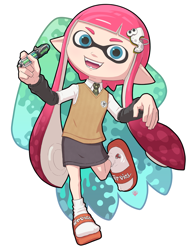 Size: 2000x2585 | Tagged: safe, artist:サッカン, animal humanoid, fictional species, inkling, mammal, mollusk, squid, humanoid, nintendo, splatoon, 2020, female, high res, pen, solo, solo female, tentacle hair, tentacles