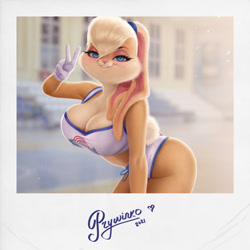 Size: 1500x1498 | Tagged: suggestive, artist:prywinko, lola bunny (looney tunes), lagomorph, mammal, rabbit, anthro, cc by-nc-nd, creative commons, looney tunes, space jam, warner brothers, 2021, big breasts, big butt, blonde hair, blue eyes, blushing, bottomwear, breasts, butt, cleavage, clothes, crop top, eyebrows, eyelashes, eyeshadow, female, gesture, hair, long ears, looking at you, looking back, makeup, midriff, short tail, shorts, smiling, smiling at you, solo, solo female, sports bra, sports shorts, tail, teeth, thick thighs, thighs, topwear, v sign