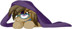 Size: 2470x1000 | Tagged: safe, artist:loyaldis, oc, oc only, oc:dawnsong, earth pony, equine, fictional species, mammal, pony, feral, hasbro, my little pony, brown body, brown fur, brown hair, clothes, collar, female, fur, glasses, hair, lying down, meganekko, multicolored hair, purple eyes, scarf, simple background, smiling, solo, solo female, transparent background, two toned hair