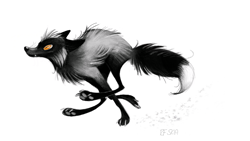 Size: 1200x675 | Tagged: safe, artist:skia, canine, fox, mammal, red fox, silver fox, feral, 2021, ambiguous gender, black body, black fur, black nose, cheek fluff, claws, fangs, fluff, fur, gray body, gray fur, head fluff, multicolored body, multicolored fur, orange eyes, paw pads, paws, running, sharp teeth, solo, solo ambiguous, tail, tail fluff, teeth, two toned body, two toned fur, whiskers