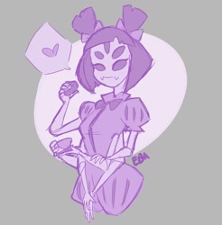 Size: 1707x1732 | Tagged: safe, artist:jujubeille, muffet (undertale), arachnid, arthropod, spider, anthro, undertale, 2021, abstract background, bow, doughnut, female, food, hair, heart, limited palette, love heart, multiple arms, multiple eyes, pigtails, signature, solo, solo female, speech bubble, tea cup