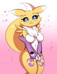 Size: 2362x3071 | Tagged: safe, artist:kyodashiro, fictional species, renamon, anthro, digimon, 2019, :3, adorasexy, armwear, black nose, black sclera, blue eyes, body markings, breasts, chest fluff, colored sclera, cute, eyebrows, eyelashes, facial markings, featureless breasts, female, fluff, fur, gradient background, heart, high res, looking at you, love heart, multicolored fur, sexy, smiling, solo, solo female, tail, two toned body, two toned fur, white body, white fur, yellow body, yellow fur