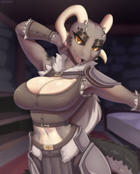 Size: 1035x1280 | Tagged: safe, artist:cooliehigh, argonian, fictional species, reptile, anthro, the elder scrolls, armor, big breasts, breasts, cleavage, clothes, crop top, female, horns, scales, solo, solo female, topwear
