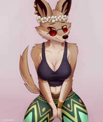 Size: 1086x1280 | Tagged: safe, artist:cooliehigh, canine, dingo, mammal, anthro, dreamworks animation, puss in boots (movie), puss in boots: the last wish, shrek, (shrek), 2018, bottomwear, breasts, brown eyes, cleavage, clothes, crop top, female, flower crown, glasses, lidded eyes, looking at you, midriff, pants, sheila, solo, solo female, sunglasses, tank top, topwear