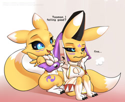 Size: 1636x1332 | Tagged: safe, artist:kyodashiro, fictional species, renamon, taomon, anthro, digimon, 2019, annoyed, armwear, big breasts, black nose, black sclera, blue eyes, body markings, breasts, chest fluff, chibi, claws, clothes, colored sclera, dialogue, duo, duo female, eyebrows, eyelashes, facial markings, female, females only, fluff, fur, multicolored fur, open mouth, paws, tail, talking, two toned body, two toned fur, white body, white fur, yellow body, yellow fur