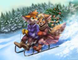 Size: 924x705 | Tagged: safe, artist:imanika, oc, oc only, canine, fox, mammal, anthro, plantigrade anthro, 2015, blue eyes, boots, bottomwear, christmas, christmas tree, clothes, coat, conifer tree, fluff, forest, green eyes, holiday, mittens, pants, shoes, sled, smiling, snow, tail, tail fluff, topwear, tree