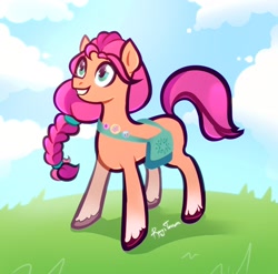 Size: 1900x1880 | Tagged: safe, artist:s_roxxxy, sunny starscout (mlp), earth pony, equine, fictional species, mammal, pony, feral, hasbro, my little pony, my little pony g5, spoiler, spoiler:my little pony g5, 2021, bag, braid, coat markings, female, hair, hooves, mare, smiling, socks (leg marking), solo, solo female, speculation, tail, unshorn fetlocks
